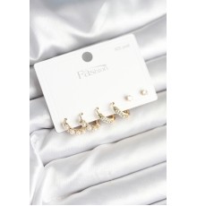 Pirinç Gold Renk Zirkon Taşlı ve İncili Model 925 Ayar Gümüş Çivi Kadın Küpe Seti - TJ-BKP11277