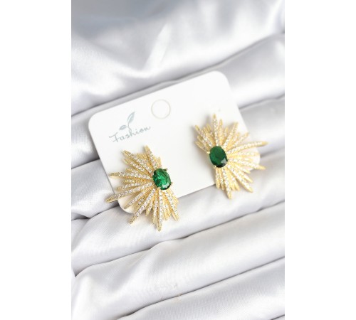 Yeşil Taş Detaylı Zirkon Taşlı Gold Renk Pirinç Kadın Küpe - TJ-BKP11286