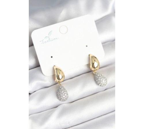 Gold Renk Zirkon Taşlı Damla Pirinç Kadın Küpe - TJ-BKP11288