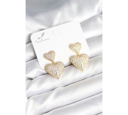 Kalp Model Zirkon Taşlı Gold Renk Pirinç Kadın Küpe - TJ-BKP11290