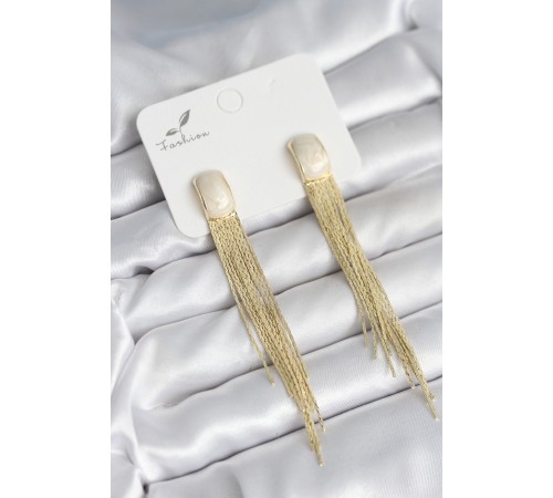 Sallantılı Beyaz Mineli Gold Renk Kadın Küpe - TJ-BKP11305