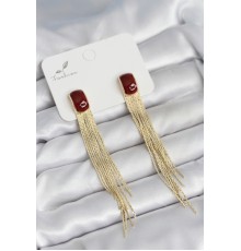 Sallantılı Bordo Mineli Gold Renk Kadın Küpe - TJ-BKP11306