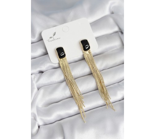 Sallantılı Siyah Mineli Gold Renk Kadın Küpe - TJ-BKP11308