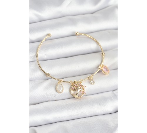 Hayat Ağacı Charmlı Gold Renk Pirinç Kadın Bileklik - TJ-BB8037