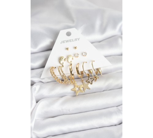 Gold Renk Yıldızlı Set 6 Çift Kadın Küpe Seti - TJ-BKP11320