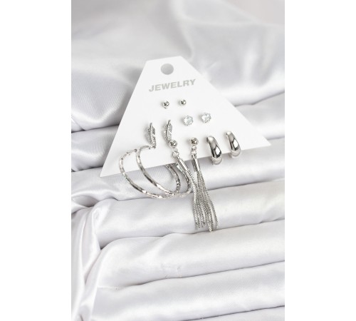 Gümüş Renk Pirinç 6 Çiftli Kadın Küpe Seti - TJ-BKP11331