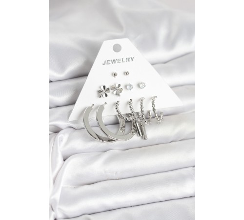 Pirinç Gümüş Renk 6 Çift Kadın Küpe Seti - TJ-BKP11332