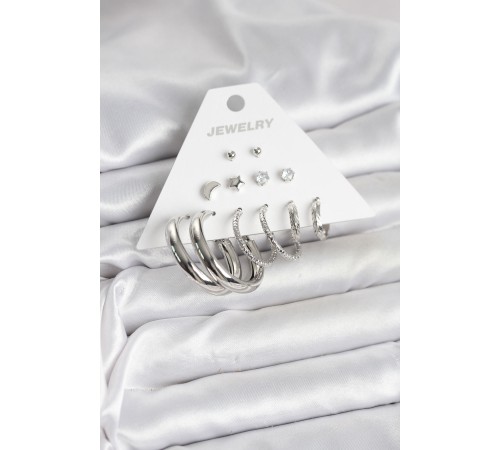 Pirinç Gümüş Renk Halka Modelli 6 Çift Kadın Küpe - TJ-BKP11335