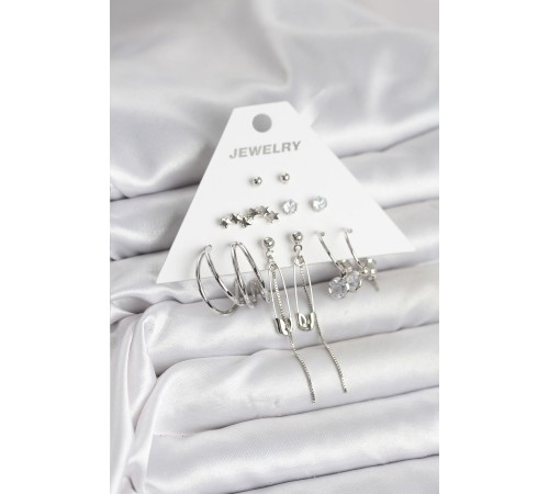 Gümüş Renk 6'lı Pirinç Küpe Seti - TJ-BKP11339