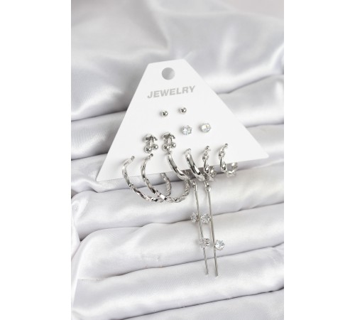 Gümüş Renk Pirinç 6'lı Kadın Küpe Seti - TJ-BKP11341