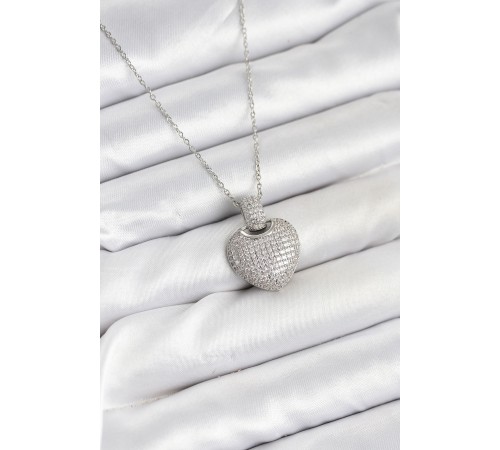 316L Çelik Zincir Gümüş Renk Zirkon Taşlı Kalpli Kadın Kolye - TJ-BKO10606