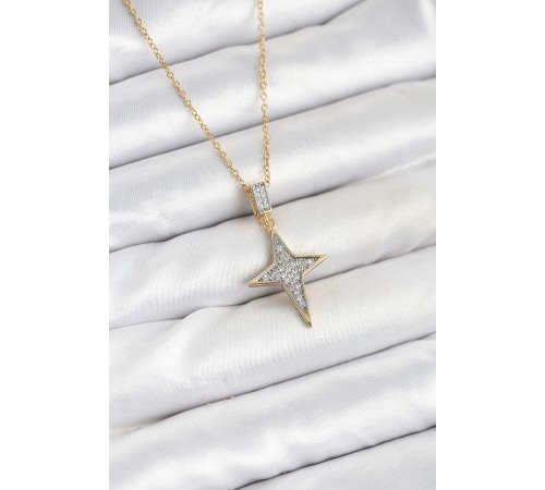 316L Çelik Zincir Gold Renk Kutup Yıldızı Model Zirkon Taşlı Kadın Kolye - TJ-BKO10610
