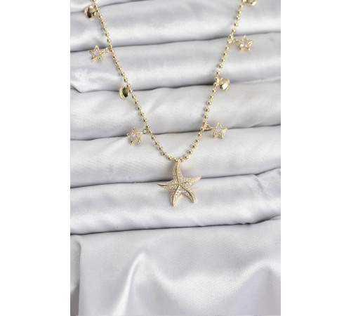 Pirinç Gold Renk Zirkon Taşlı Deniz Yıldızı Model Kadın Kolye - TJ-BKO10644