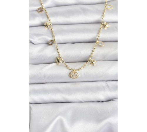 Pirinç Gold Renk Zirkon Taşlı Deniz Kabuğu Model Kadın Kolye - TJ-BKO10646