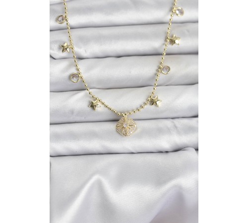 Pirinç Gold Renk Zirkon Taşlı Kutup Yıldızı Model Kadın Kolye - TJ-BKO10647