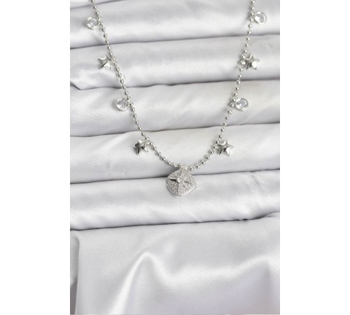 Pirinç Gümüş Renk Zirkon Taşlı Kutup Yıldızı Model Kadın Kolye - TJ-BKO10657