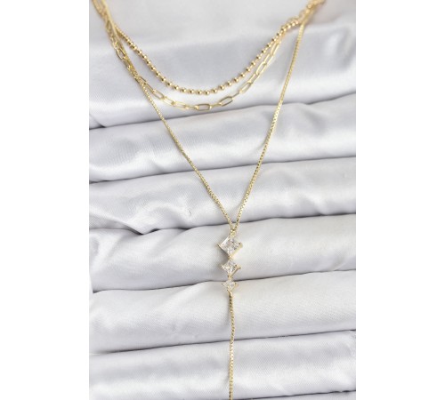 Pirinç Gold Renk Zirkon Taş Detaylı 3'lü Kombin Y Kadın Kolye - TJ-BKO10691