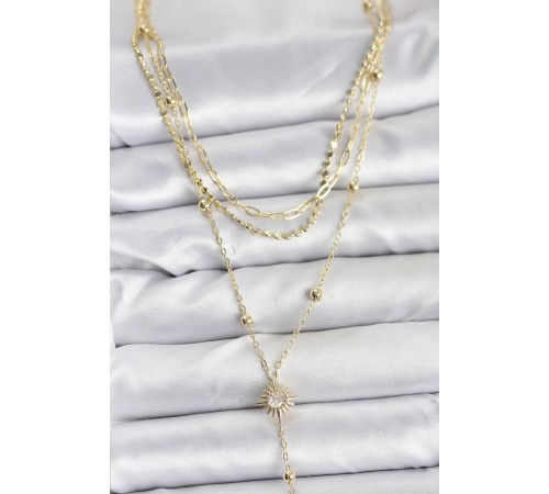 Pirinç Gold Renk Güneş Model Detaylı 3'lü Kombin Y Kadın Kolye - TJ-BKO10692