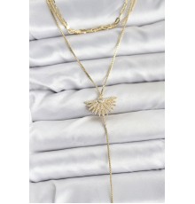 Pirinç Gold Renk Zirkon Taşlı Yelpaze Model Detaylı 3'lü Kombin Y Kadın Kolye - TJ-BKO10695