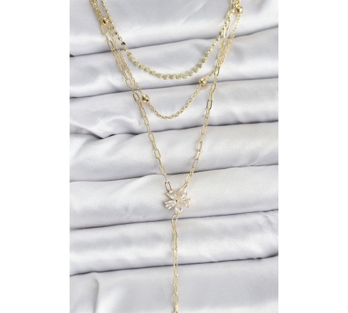 Pirinç Gold Renk Zirkon Taşlı Çiçek Model Detaylı 3'lü Kombin Y Kadın Kolye - TJ-BKO10697