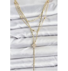 Pirinç Gold Renk Zirkon Taşlı Yonca Model Detaylı 3'lü Kombin Y Kadın Kolye - TJ-BKO10699