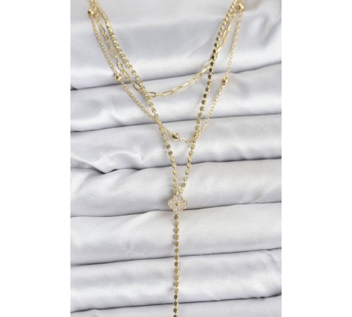 Pirinç Gold Renk Zirkon Taşlı Yonca Model Detaylı 3'lü Kombin Y Kadın Kolye - TJ-BKO10699