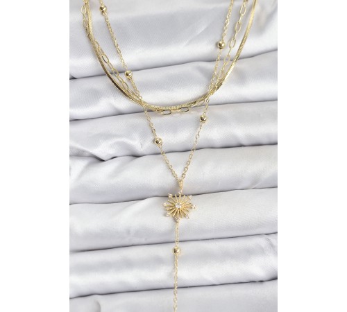 Pirinç Gold Renk Zirkon Taşlı Model Detaylı 3'lü Kombin Y Kadın Kolye - TJ-BKO10700