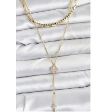 Pirinç Gold Renk Zirkon Taşlı Yoncalı Model Detaylı 3'lü Kombin Y Kadın Kolye - TJ-BKO10701