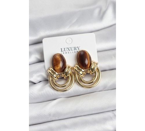Pirinç Gold Renk Kahverengi Taşlı Vintage Kadın Küpe - TJ-BKP11354