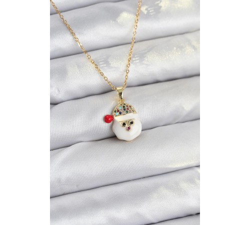 316L Çelik Zincir Gold Renk Şapkalı Kardan Adam Kafası Model Yılbaşı Temalı Kadın Kolye - TJ-BKO10703