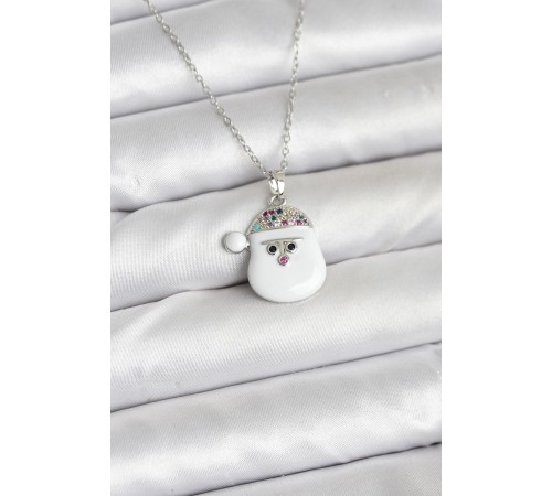 316L Çelik Zincir Gümüş Renk Şapkalı Kardan Adam Kafası Model Yılbaşı Temalı Kadın Kolye - TJ-BKO10705