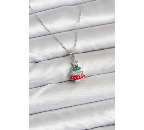 316L Çelik Zincir Gümüş Ren Çam Ağacı Model Zirkon Taşlı Yılbaşı Temalı Kadın Kolye - TJ-BKO10711