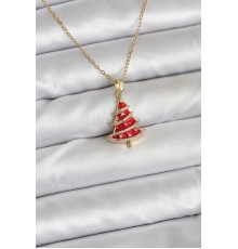 316L Çelik Zincir Gold Renk Kırmızı Çam Ağacı Model Yılbaşı Temalı Kadın Kolye - TJ-BKO10714