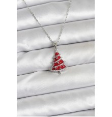 316L Çelik Zincir Gümüş Renk Kırmızı Çam Ağacı Model Yılbaşı Temalı Kadın Kolye - TJ-BKO10715