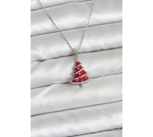 316L Çelik Zincir Gümüş Renk Kırmızı Çam Ağacı Model Yılbaşı Temalı Kadın Kolye - TJ-BKO10715