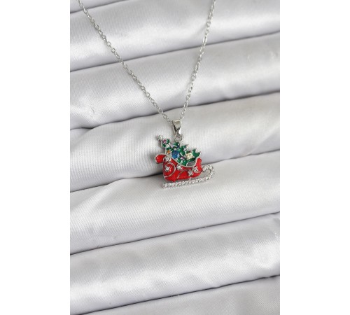 316L Çelik Zincir Gümüş Renk Kızak ve Çam Ağacı Figürlü Yılbaşı Temalı Kadın Kolye - TJ-BKO10717