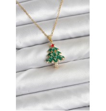 316L Çelik Zincir Gold Renk Çam Ağacı Model Yılbaşı Temalı Kadın Kolye - TJ-BKO10720
