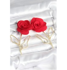 Pirinç Gold Renk Kırmızı Gül Model Kadın Küpe - TJ-BKP11370