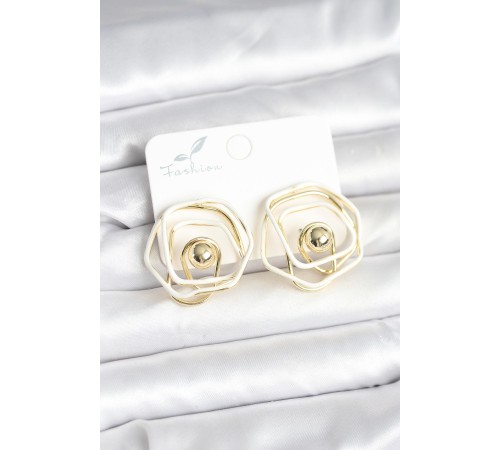 Pirinç Gold Renk Beyaz Mineli Geometrik Gül Model Kadın Küpe - TJ-BKP11375