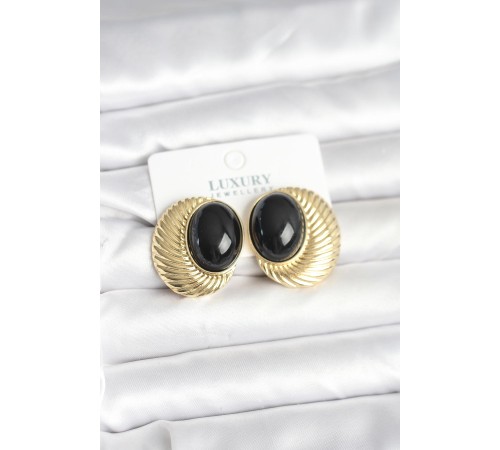 Pirinç Gold Renk Siyah Boncuklu Oval Vintage Kadın Küpe - TJ-BKP11390