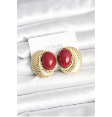 Pirinç Gold Renk Bordo Boncuklu Oval Vintage Kadın Küpe - TJ-BKP11391