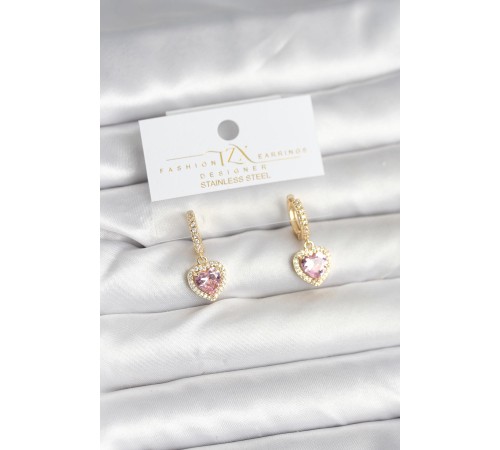 Pirinç Gold Pembe Renk Zirkon Taşlı Kalp Model Kadın Küpe - TJ-BKP11393