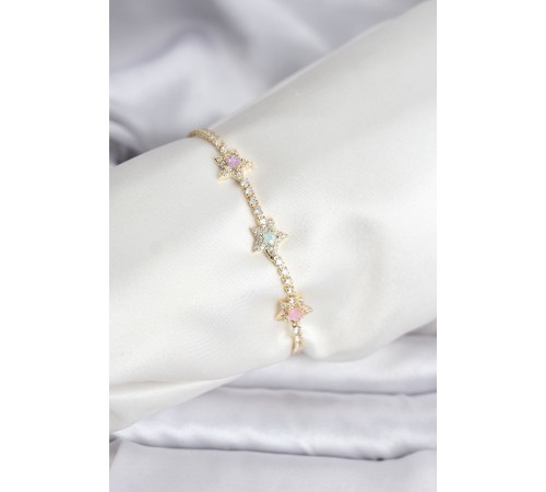 Renkli Yıldız Model Zirkon Taşlı Gold Renk Pirinç Su Yolu Kadın Bileklik - TJ-BB8100