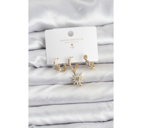 Pirinç Gold Renk Kutup Yıldızı Model 3'lü Kadın Küpe Seti - TJ-BKP11447