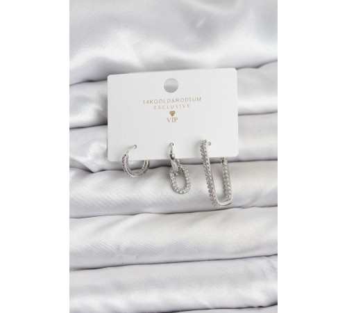 Gümüş Renk Zirkon Taşlı 3'lü Kadın Küpe Seti - TJ-BKP11450