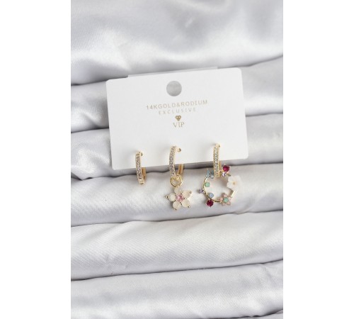 Çiçek Model Gold Renk Pirinç 3'lü Kadın Küpe Seti - TJ-BKP11453