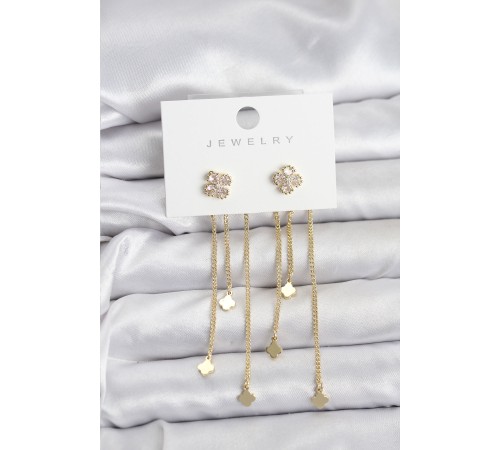 Pirinç Gold Renk Yonca Model Sallantılı Kadın Küpe - TJ-BKP11455
