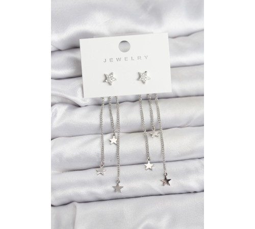 Yıldız Model Gümüş Renk Pirinç Sallantılı Kadın Küpe - TJ-BKP11462