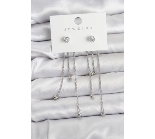 Topçuk Model Gümüş Renk Pirinç Sallantılı Kadın Küpe Seti - TJ-BKP11468