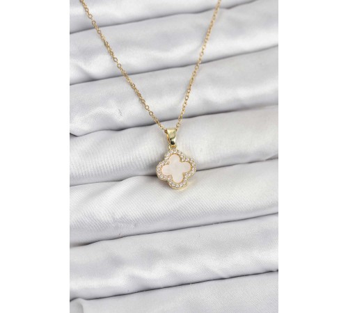 316L Çelik Zincir Gold Renk Sedefli Yonca Kadın Kolye - TJ-BKO10765